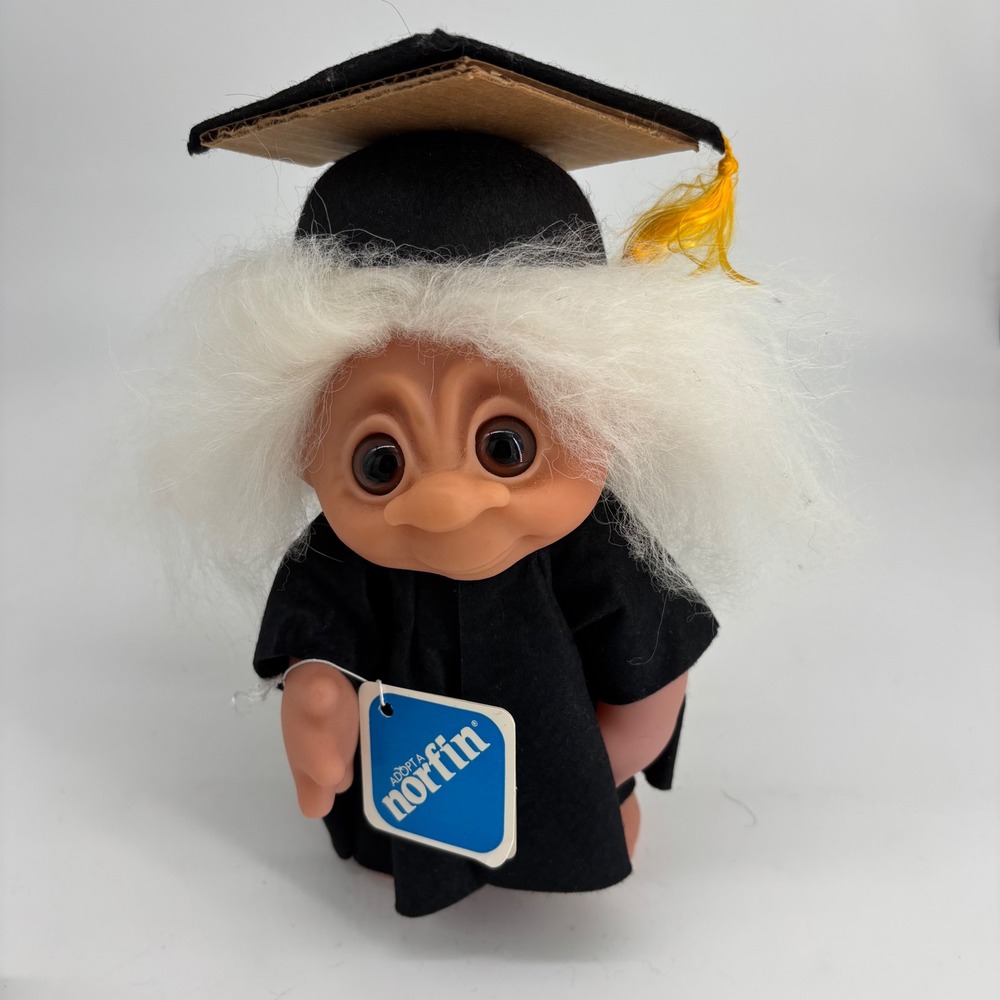 VTG Norfin Troll Doll Graduation Student Cap Gown White Hair 9‎ inch 604 Collect